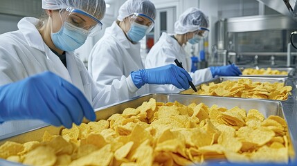 Technicians testing the quality of processed snacks, sterile lab environment, focus on chemical safety