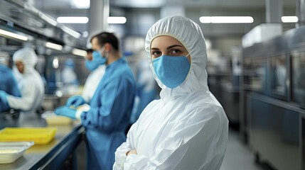 Workers wearing protective gear in a food factory, focus on hygiene and sanitation, clean environment