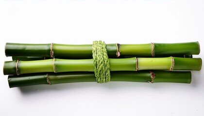 A bundle of vibrant green bamboo stalks on an isolated white background