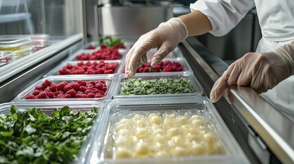 A worker managing chemical preservatives in a food lab ensures quality control while maintaining spotless lab surfaces.