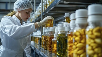 A worker in a food factory inspecting preservation chemicals, focus on quality control, sterile lab environment