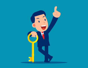 Success business concept. Golden key to unlock, solve business problem, professional to give solutions, key or unlock business accessibility, smart businessman holding golden key to unlock the pad.