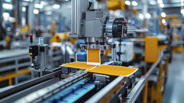 The automated labeling machine applies protective labels, emphasizing accuracy and quality assurance in a pristine production environment.