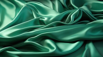 Fototapeta premium A close-up of luxurious green satin fabric, showcasing its smooth texture and elegant drapes.