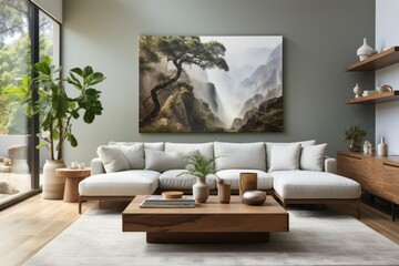 A cozy living room featuring a large landscape painting and modern furniture.