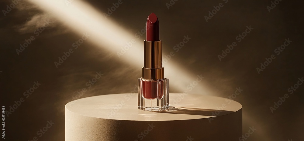 Poster a single red lipstick in a clear tube with a golden cap stands on a beige platform with a beam of li