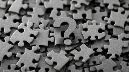 A collection of gray puzzle pieces with one piece featuring a question mark
