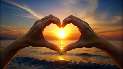 Hands forming a heart against a golden sunset over a peaceful ocean, symbolizing love