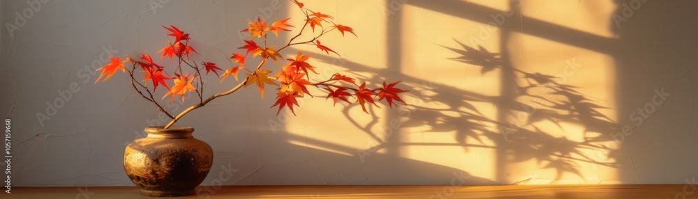 Poster a vase with a leafy tree in it sits on a table