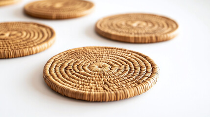 Close-Up of Woven Straw Coasters on White Surface