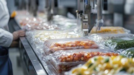 Frozen processed food sealed in packaging, chilled environment, emphasizing durability for extended storage.