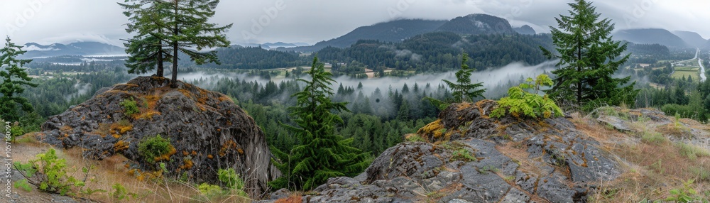 Poster a mountain range with a foggy mist and trees