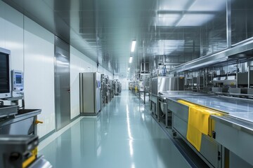 Fototapeta premium Advanced factory prioritizing food safety, gleaming sterile surfaces, and rigorous quality checks underway.