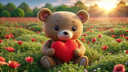 Fototapeta premium A cute teddy bear holding a red heart, sitting in a field of roses with soft sunlight shining down