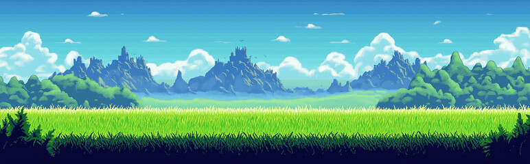 Obraz premium Evil castle and monstrous creatures in a vibrant grassland landscape, surrounded by majestic mountains, showcasing a rich and bright color palette, ideal for 2D games with flat design 