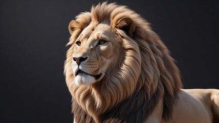 Fototapeta premium Dreamy look of Asian lion in autumn fallen leaves, lying on rocky background. King of beasts, biggest cat of world. Most dangerous and mighty predator of world. Wild beauty of nature