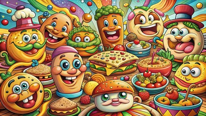 Fototapeta premium Retro Cartoon Food Characters with Gloved Hands in a Fun and Groovy Style for Unique Food Photography