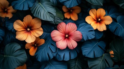 A bunch of flowers with blue leaves and orange flowers