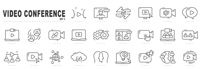 Set of video conference line icons. Meeting, online, live, call etc. Editable stroke. Set 3