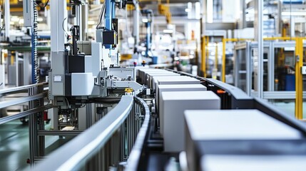 Fototapeta premium Enhanced packaging line prioritizing efficiency, cutting-edge technology, eco-friendly materials, and a pristine production environment.
