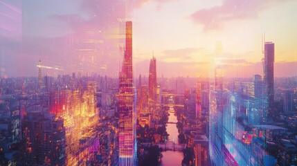 Obraz premium Futuristic Cityscape at Sunset with Vibrant Lights and Skyscrapers Reflecting on a Serene River