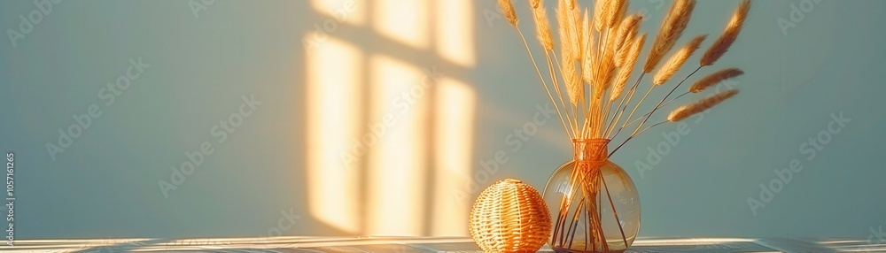Poster a vase of dried grass sits on a table in front of a window