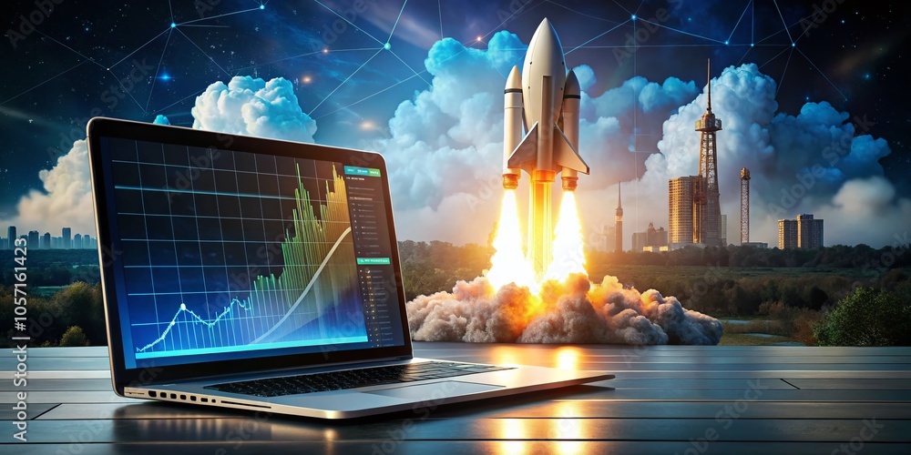 Poster rocket launch from laptop screen with data visualization and analytics in panoramic view
