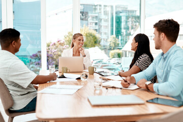 Woman, business people and meeting with laptop, documents or discussion with smile at startup company. Group, team and computer with paperwork for review, brainstorming or feedback at creative agency