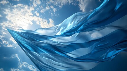 A blue and white flag is flying in the sky