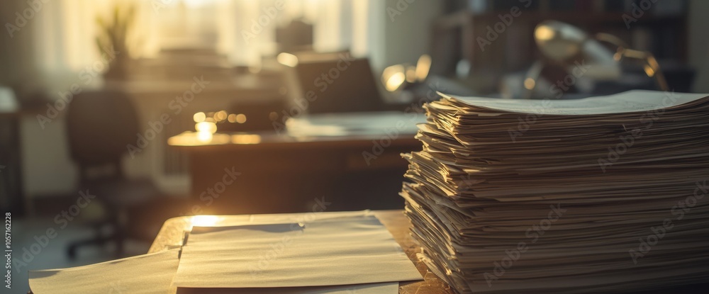 Poster soft sunlight filters through a window, illuminating a cluttered office desk with neatly stacked pap