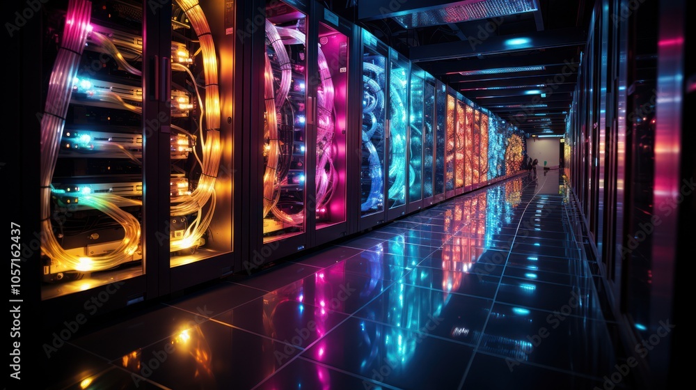Poster a vibrant data center corridor with illuminated server racks and reflective floors.