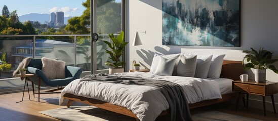 A modern bedroom with a scenic view, featuring plants and cozy decor.