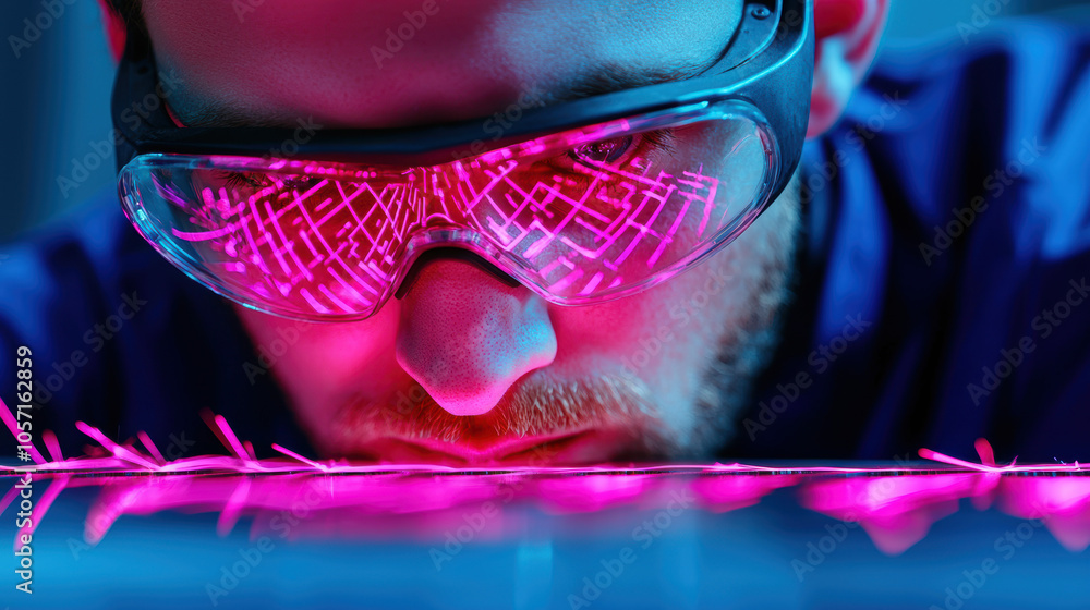 Aufkleber a scientist examines intricate patterns using advanced technology, highlighted by vibrant pink light