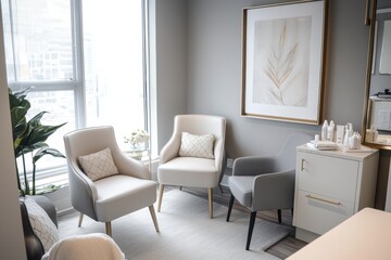 A beauty clinic consultation room with comfortable seating, modern decor, and a professional setting. Ideal for commercial use with blank space.