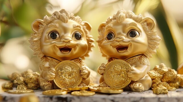 Two golden lion figurines smiling, each holding a gold coin, surrounded by gold coins,