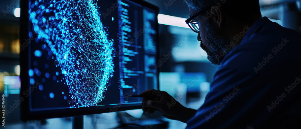 Aufkleber a focused professional analyzes data visualizations on a digital screen, highlighting advanced techn