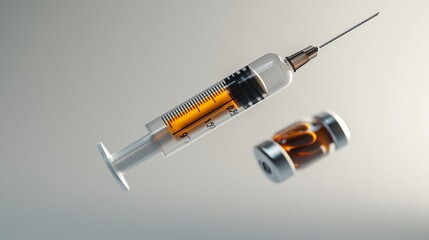 A syringe filled with amber liquid floats next to a vial of the same liquid against a white background.