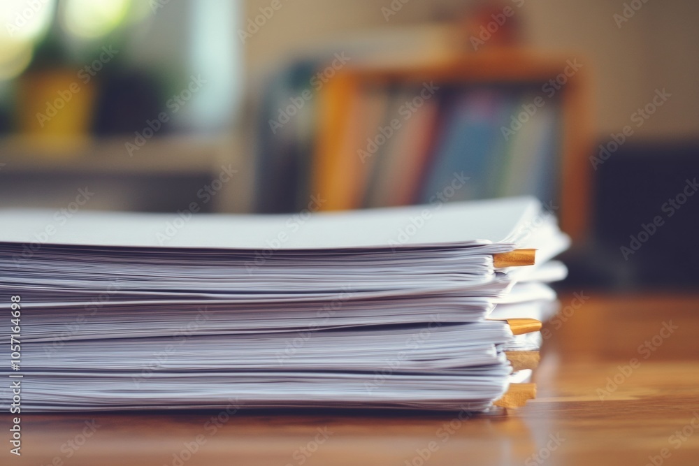 Poster a neatly arranged stack of white sheets lies on a wooden table, surrounded by a bright workspace fil