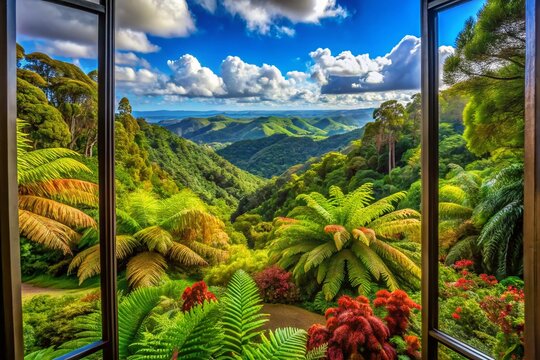 Scenic View of New Zealand Native Bush from a Window with Tree Ferns and Kauri Trees