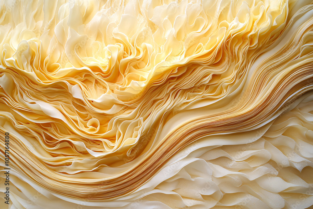 Poster abstract close-up of cream-colored fabric with ruffled layers and warm tones resembling soft waves c