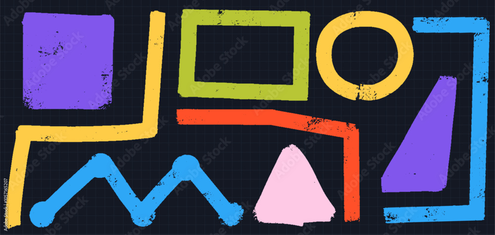 Poster grunge ink lines and shapes set. hand drawn graffiti style circles, triangle and curves in dynamic d