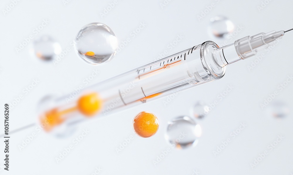 Poster a syringe with a clear liquid and orange spheres floating around it on a white background.