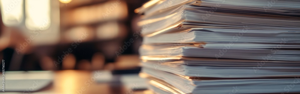 Poster a large stack of papers sits on a wooden desk, illuminated by the warm glow of the afternoon light f