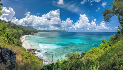 Lush Green Tropical Island with Turquoise Water and White Sandy Beach