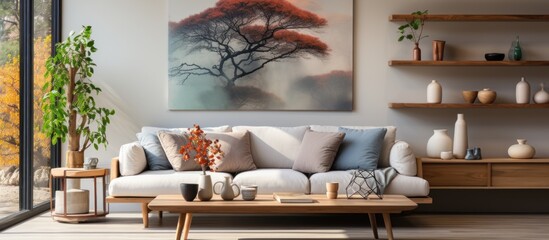 A cozy living room featuring a modern sofa, art, and decorative elements.