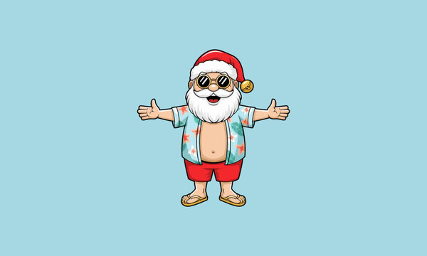 Tropical Santa Claus in beach attire with sunglasses.