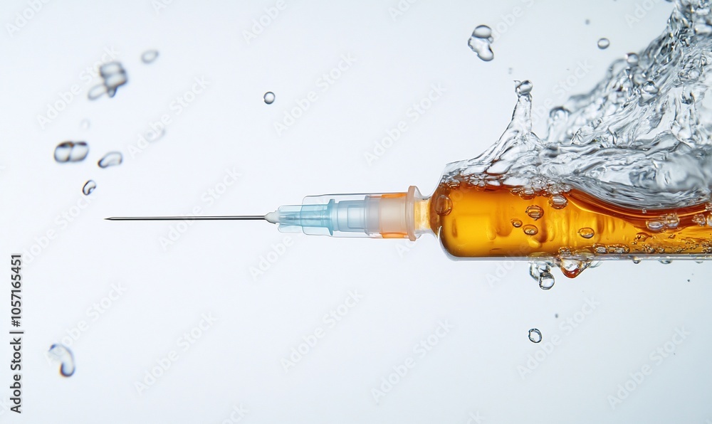 Poster a syringe with a needle plunged into water, creating a splash of bubbles and droplets.