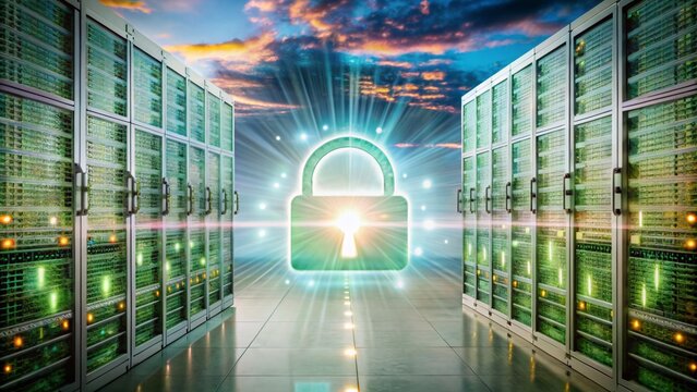 Secure Server Room with Digital Lock Overlay for Cybersecurity and Data Protection