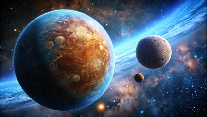 Obraz premium A depiction of a planetary system with a large planet, a smaller moon, a small planet, and a star, all set against a backdrop of stars and a blue nebula.