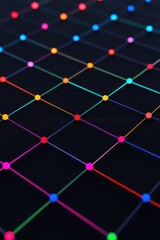 A vibrant grid of colorful dots connected by bright lines on a dark background, creating a dynamic, modern abstract pattern.